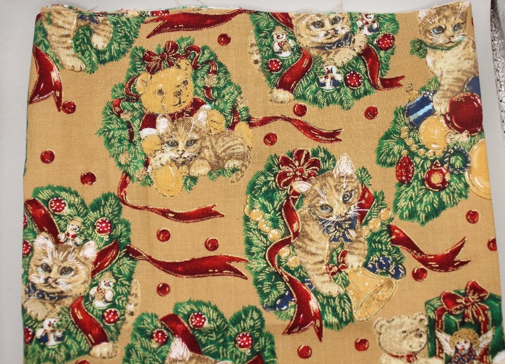 Vintage Coupon 100% katoen stof - Beige katten kerst #4118, Hobby en Vrije tijd, Beige, Nieuw, Ophalen of Verzenden, 30 tot 120 cm