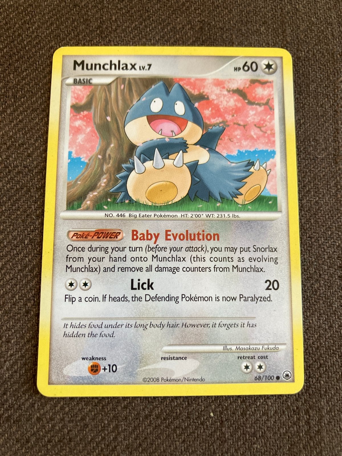Munchlax Lv.7 Hp60 68/100 Pokémon Kaart - 2008 Nintendo, Ophalen of Verzenden, Gebruikt, Losse kaart