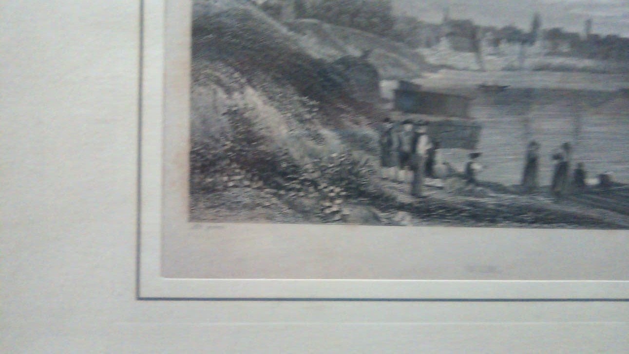 Ingelijste ets van stadsgezicht van Ulm, 31,5x25,5 cm, Antiek en Kunst, Kunst | Etsen en Gravures, Ets, Ingelijst, Met passe-partout