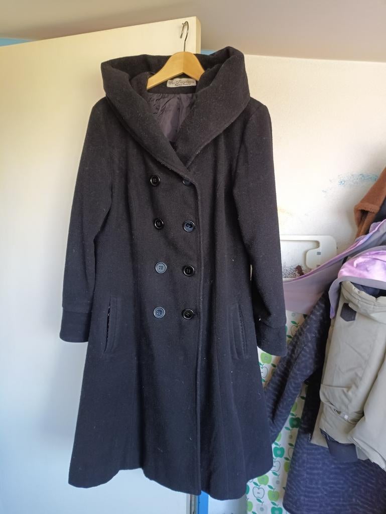 Lange wollen winterjas met punt capuchon, Ophalen, Gedragen, Maat 42/44 (L), Zwart