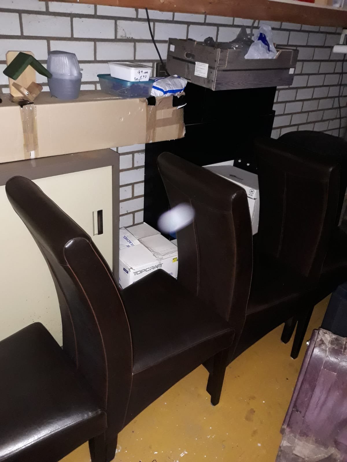 6 bruine echte lederen stoelen voor eetkamer, Ophalen, Gebruikt, Bruin, Hout
