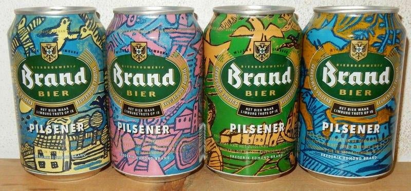 2001 BRAND Bier CORNEILLE Kunst blikjes serie van 4 (leeg), Ophalen of Verzenden, Gebruikt, Overige typen, Overige merken
