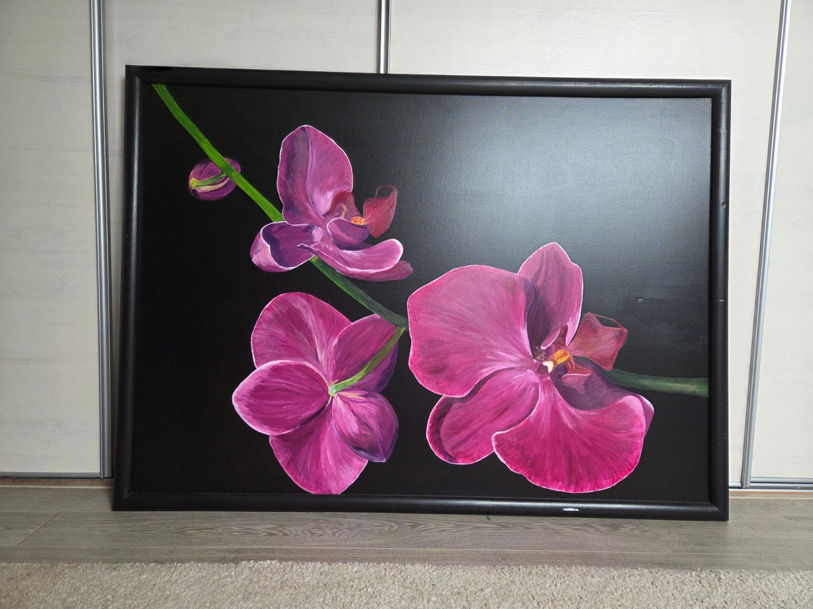 Schilderij met paarse orchideeën op zwarte achtergrond, Ophalen of Verzenden