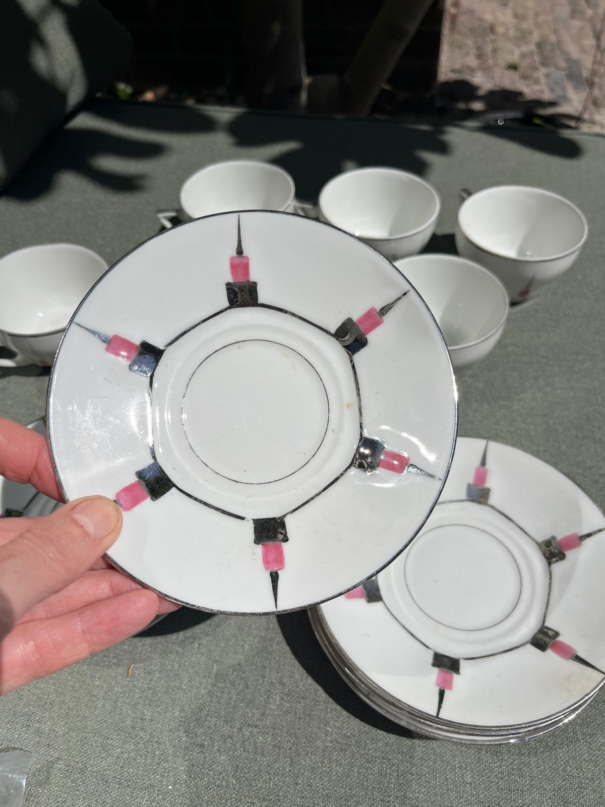 6 Kopjes en 8 Schoteltjes Wit Porselein met Zilver en Roze, Ophalen of Verzenden