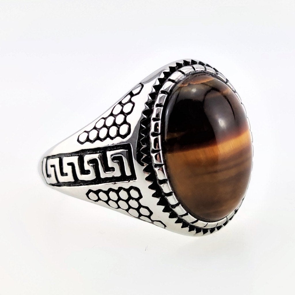 Griekse Roestvrij stalen Ring met Tijgeroog - Heren, Sieraden, Tassen en Uiterlijk, Heer, Nieuw, Esde2, Met edelsteen