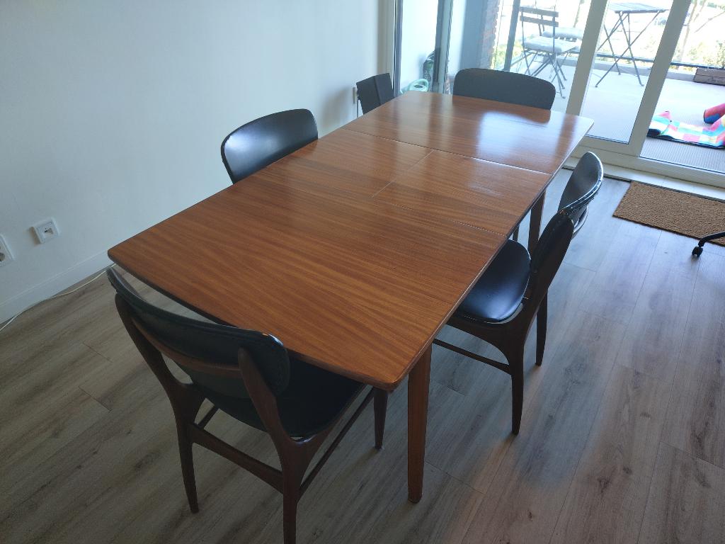 Vintage Mid Century Uitschuifbaar Teak Eettafel + 4 Stoelen, Huis en Inrichting, Tafels | Eettafels, Ophalen, Gebruikt, Teakhout
