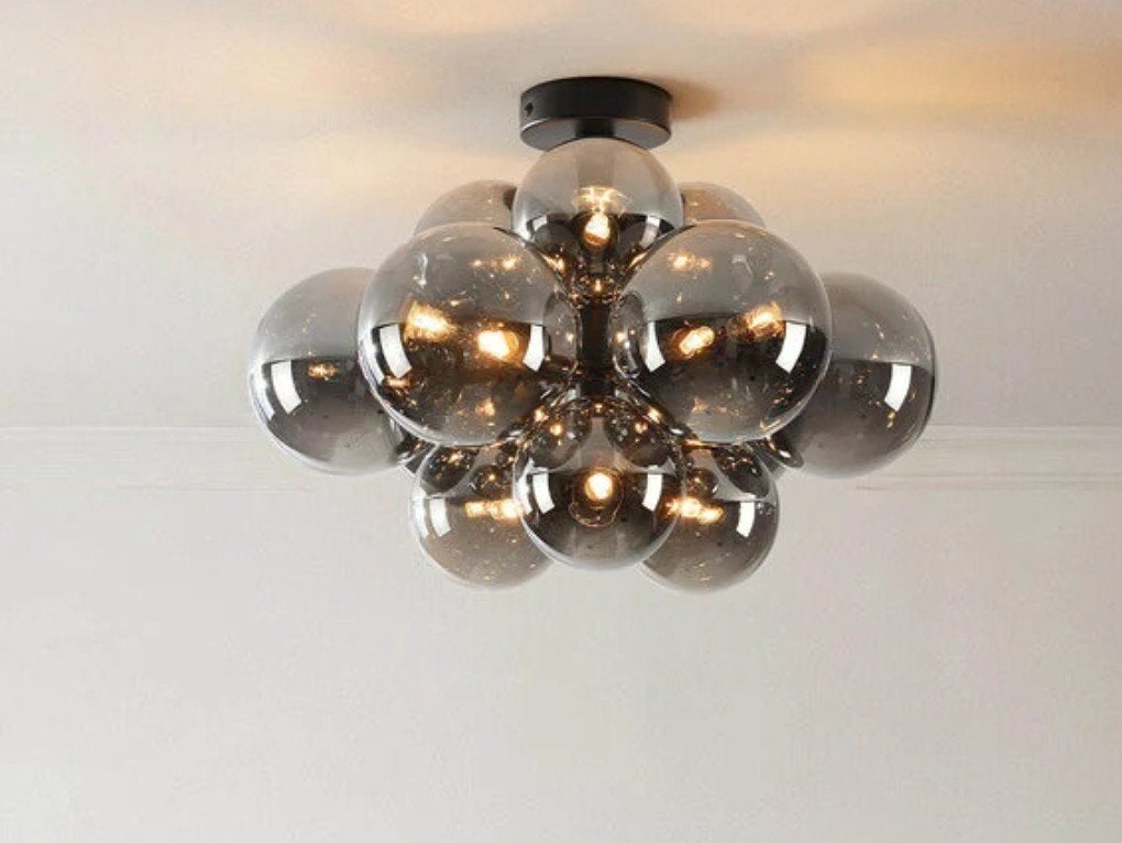 Design Plafondlamp Rookglas / Smoke met Glazen Bollen, Dimbaar, Qazqa, 50 cm, Design