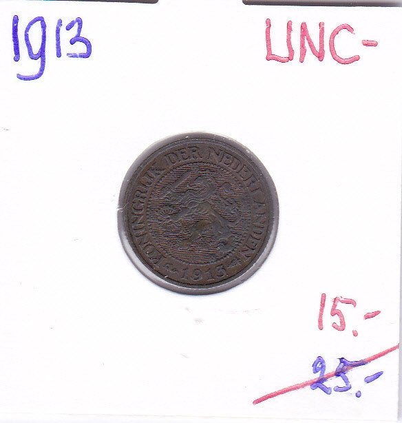 Mooie 1 cent 1913 UNC- van 25 euro voor 15 euro, Ophalen of Verzenden, Koningin Wilhelmina, 1 cent, Losse munt