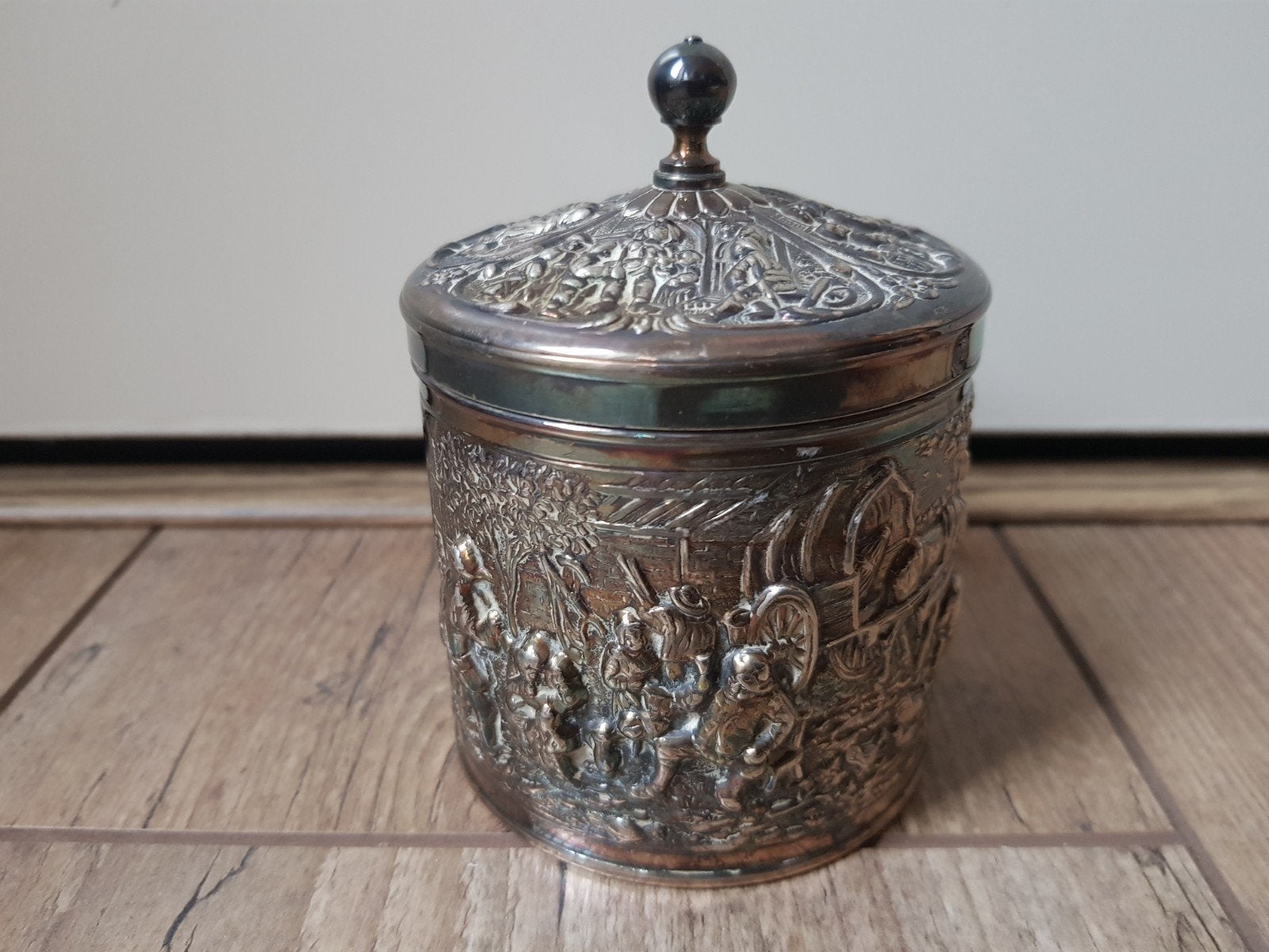 Verzilverd douwe egberts thee blik 1960 HH90, Antiek en Kunst, Ophalen of Verzenden, Zilver