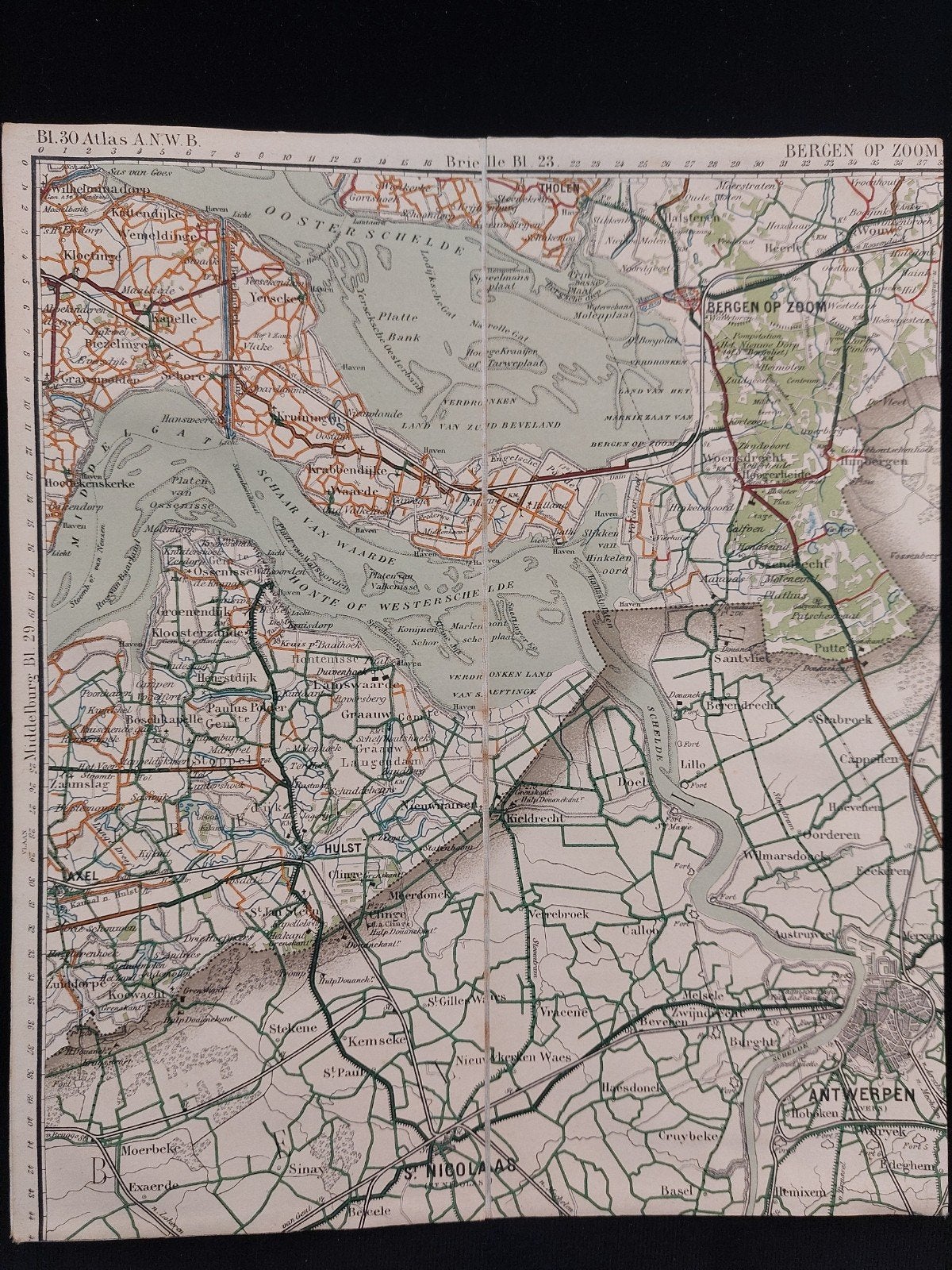 30 / Bergen op Zoom e.o. plattegrond uit Atlas ANWB uit 1920, Gelezen, ANWB, Ophalen of Verzenden, Landkaart