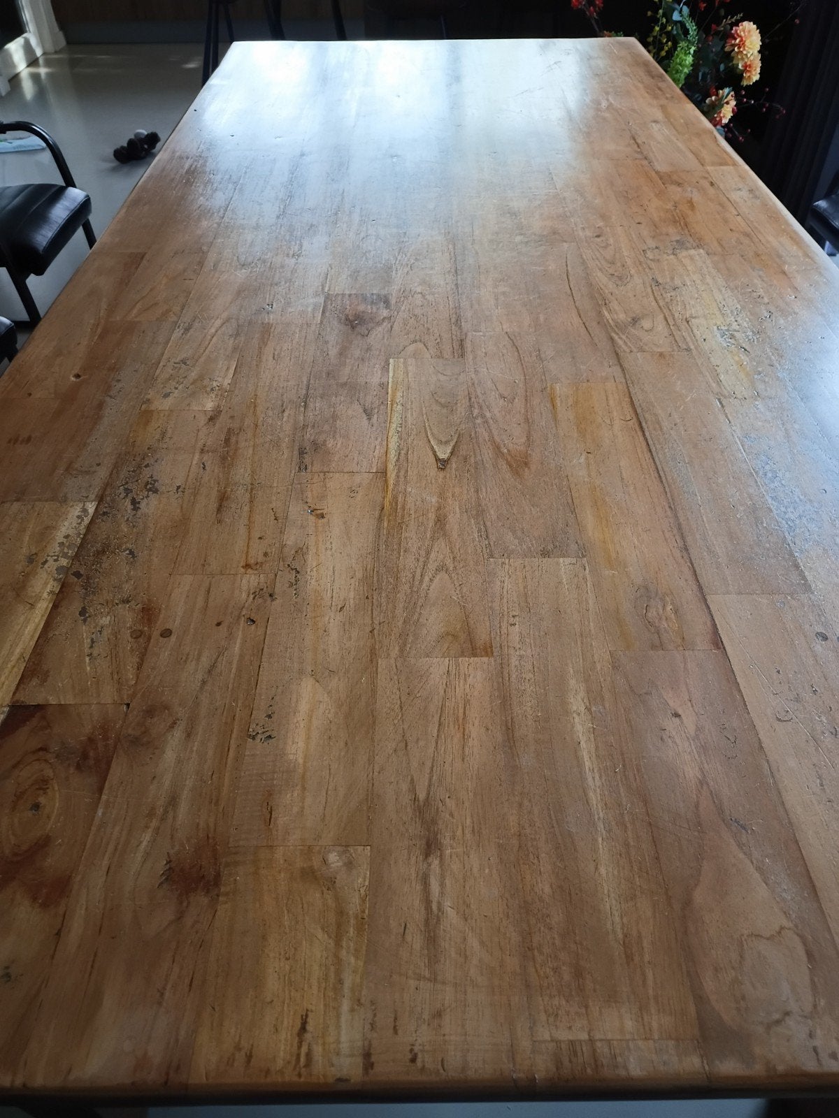 grote teakhouten tafel 265 bij 120 cm. hoog 78 cm, Ophalen, Gebruikt, 100 tot 150 cm, Teakhout