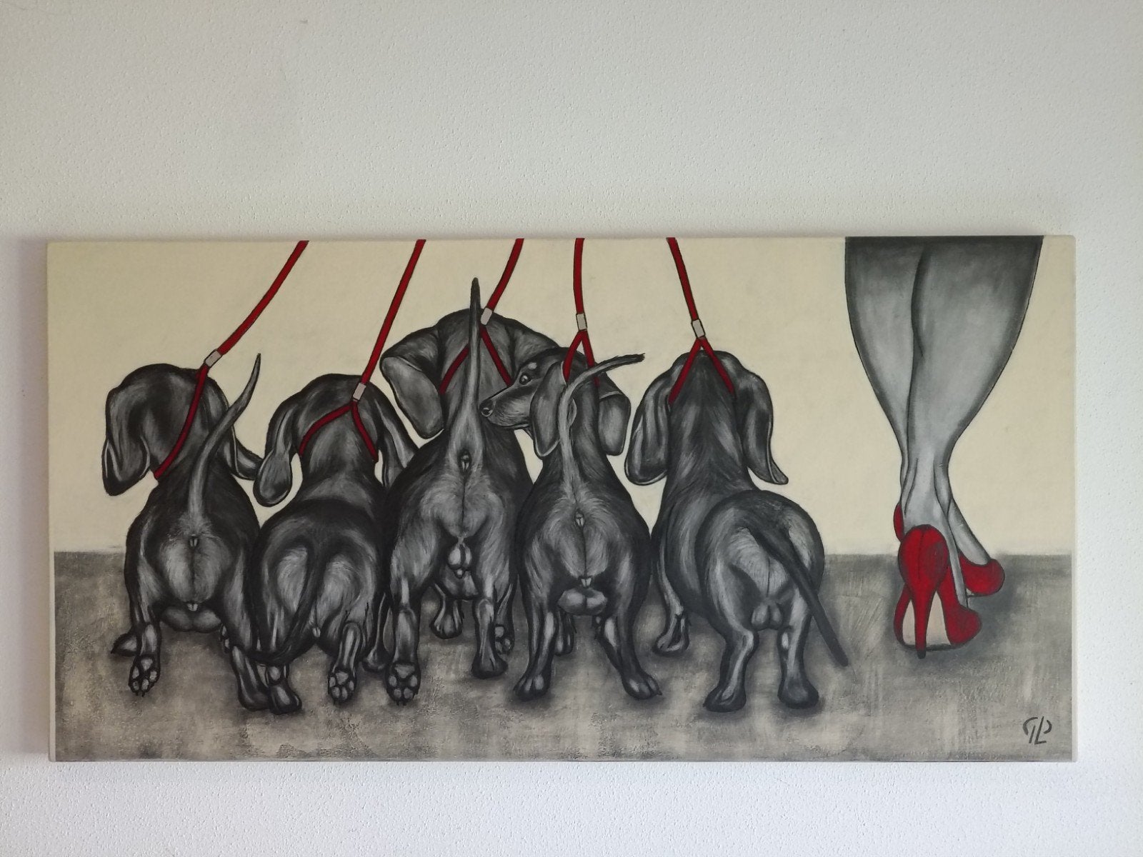 Teckel schilderij grafiet op hout nieuw van maker, Ophalen