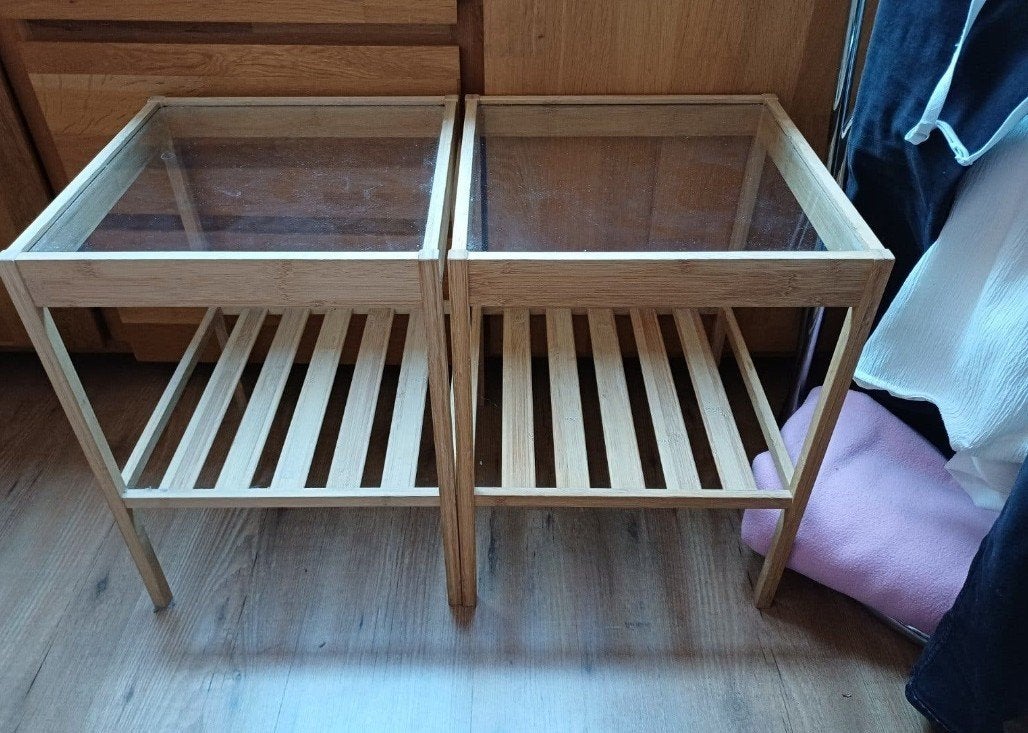 2x IKEA bamboe bijzettafel/nachtkastje 35x36 cm, Ophalen, Minder dan 45 cm, Minder dan 55 cm, Modern, Scandinavisch
