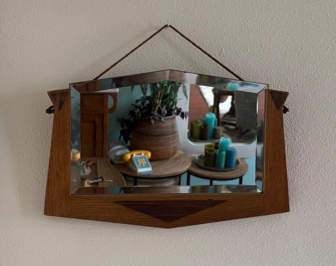 Art Deco/Amsterdamse School Houten Spiegel met Geslepen Glas, Ophalen of Verzenden, Overige vormen, 50 tot 100 cm, Minder dan 100 cm