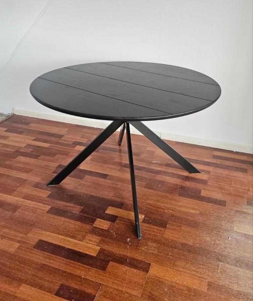 Zwarte ronde eettafel 120cm diameter met metalen onderstel, 100 tot 150 cm, Rond, Zo goed als nieuw, Vier personen