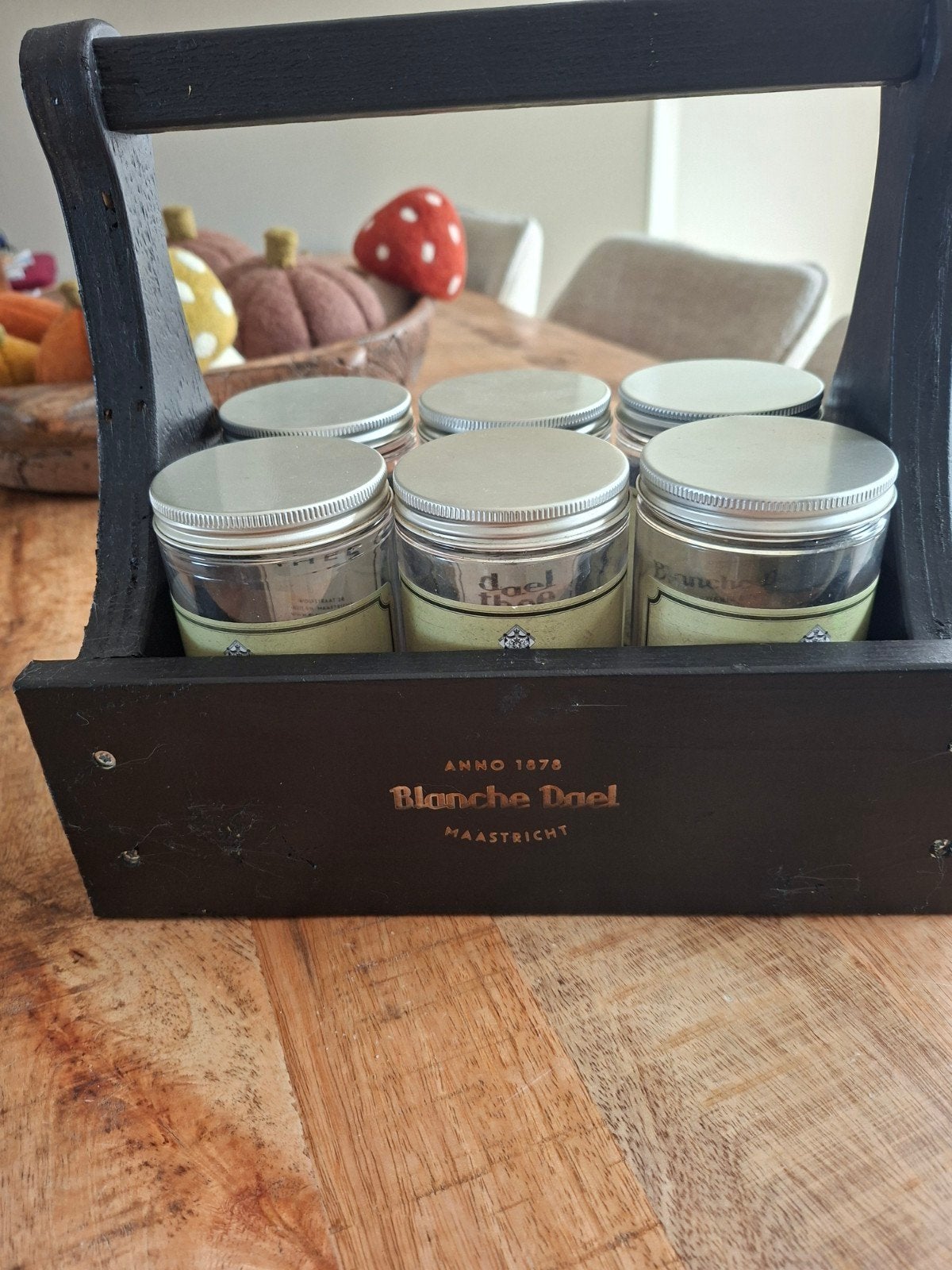 Blanche Dael theerek met 6 potjes voor thee - Zwart hout, Gebruikt, Hout, Ophalen of Verzenden, Zwart