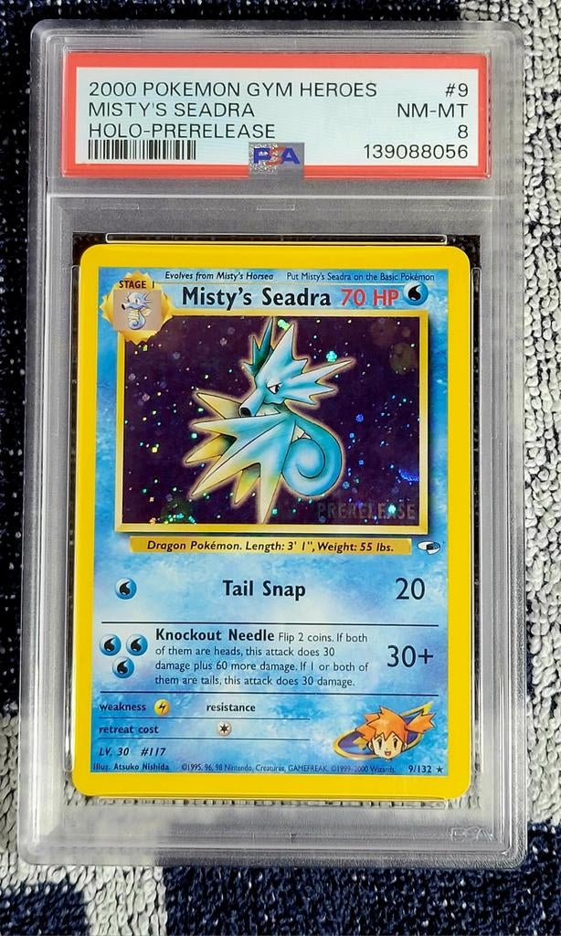 Misty's Seadra Holo Prerelease PSA 8 - Pokémon Gym Heroes, Ophalen of Verzenden, Zo goed als nieuw, Losse kaart, Foil