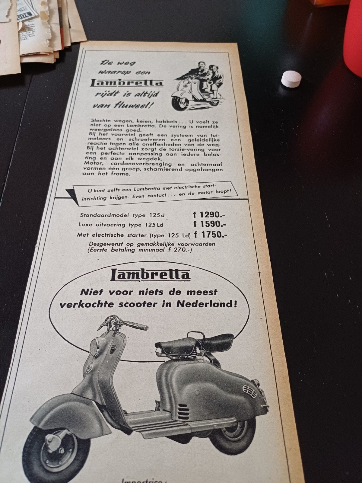 advertentie van Lambretta scooter fluweel 1954, Ophalen of Verzenden, Gebruikt, Overige typen