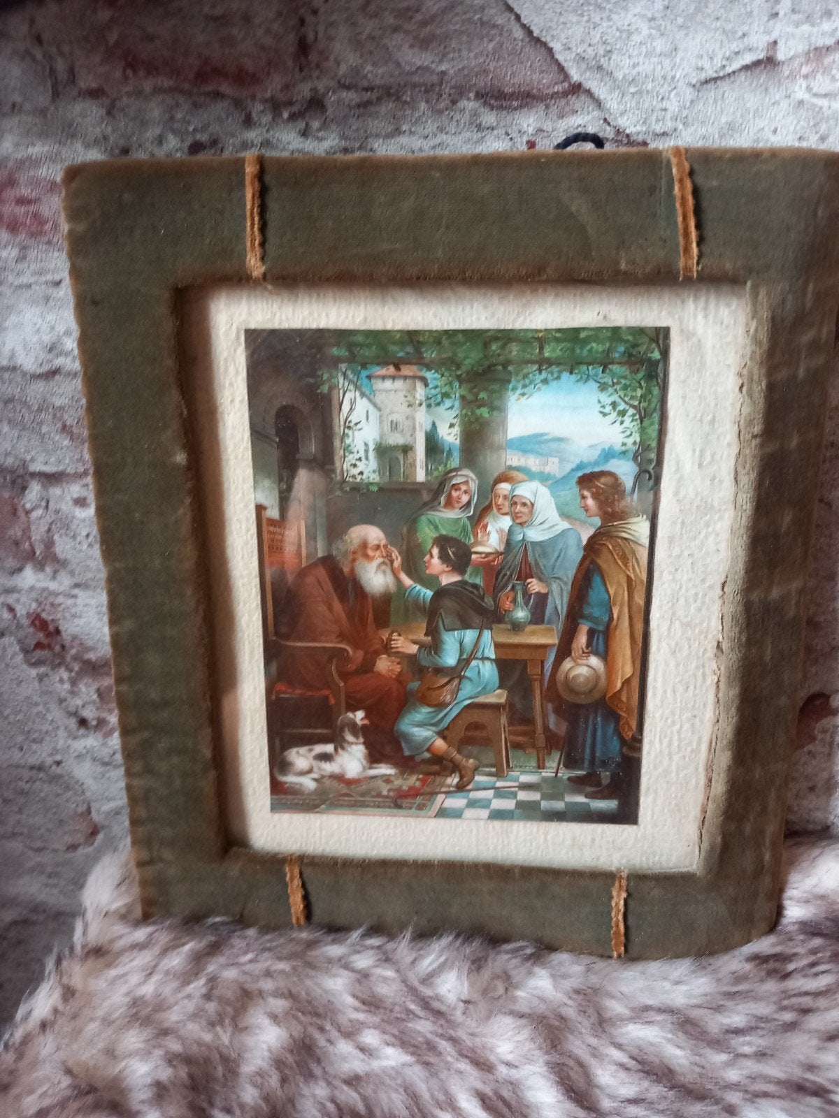 Antieke religieuze prent in fluwelen lijst, Antiek en Kunst, Ophalen of Verzenden