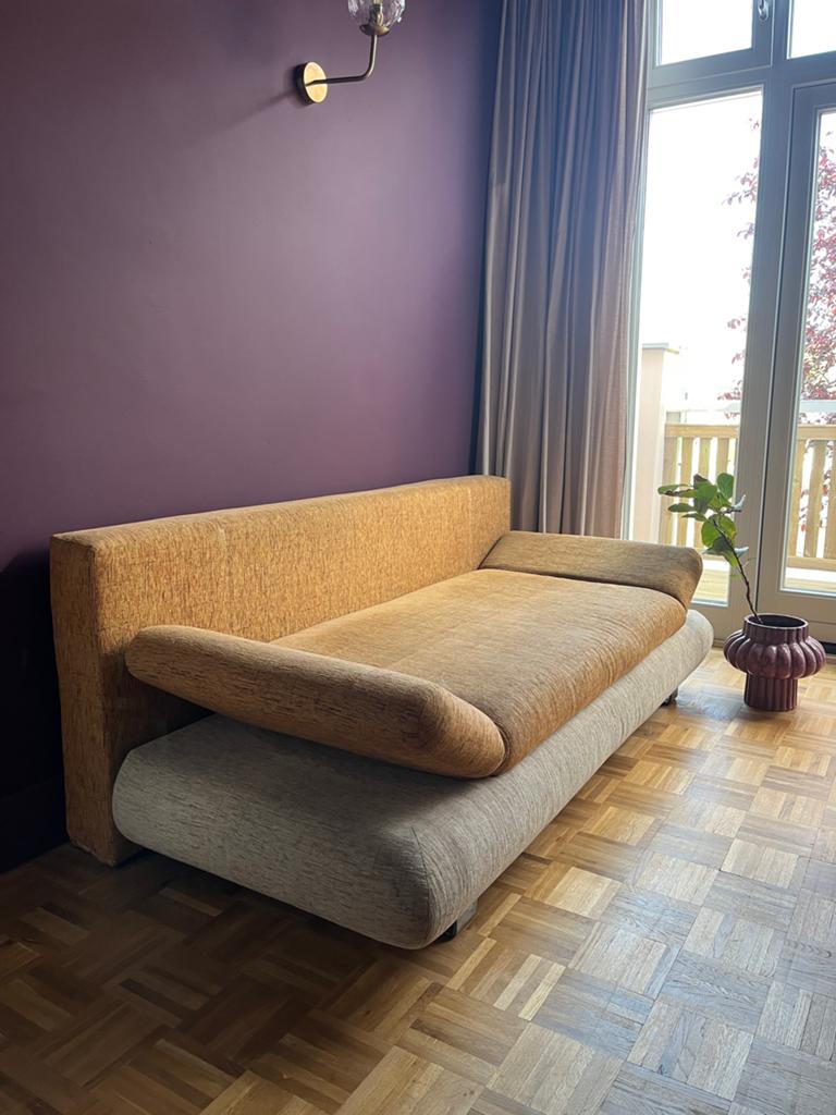 Design Logeerbank Uitklapbaar - Duo Tone Stoffering, Ophalen, Gebruikt, Bruin, Tweepersoons