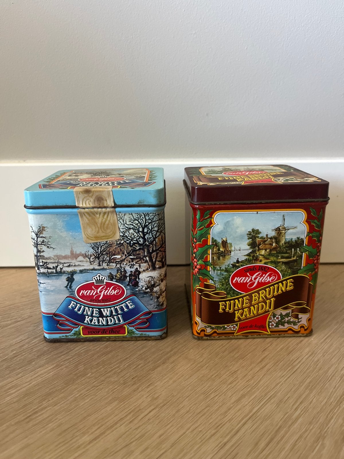 Vintage Van Gilse Kandij blikken (wit en bruin), Verzamelen, Ophalen of Verzenden, Gebruikt, Overige, Overige merken