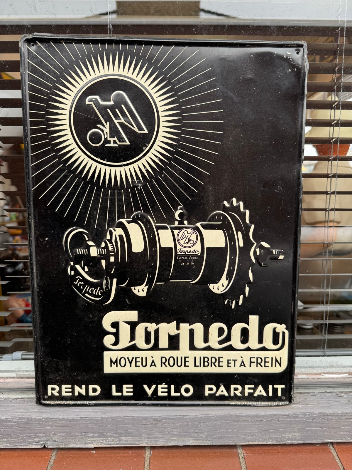 Vintage Torpedo Reclamebord - Fietsnaaf, Ophalen of Verzenden, Gebruikt, Reclamebord