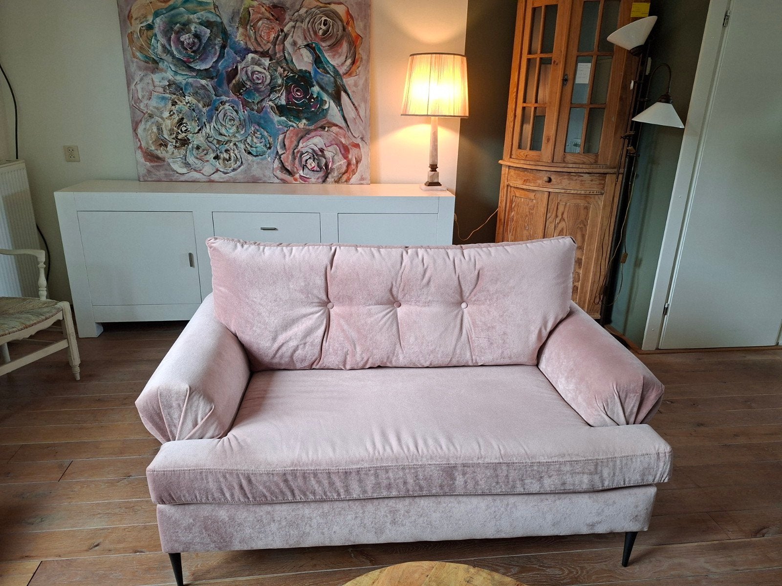 Bocx, Roze velours zeer mooi 2-zits bankje buitenkans!, Huis en Inrichting, Ophalen, Zo goed als nieuw, Tweepersoons, Minder dan 150 cm