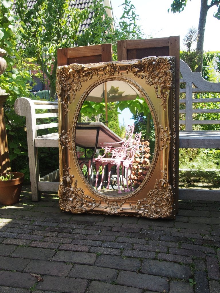 Mooie Goudkleurige Ovale Spiegel - 70x90 cm, Ophalen, Gebruikt, Minder dan 100 cm, Ovaal