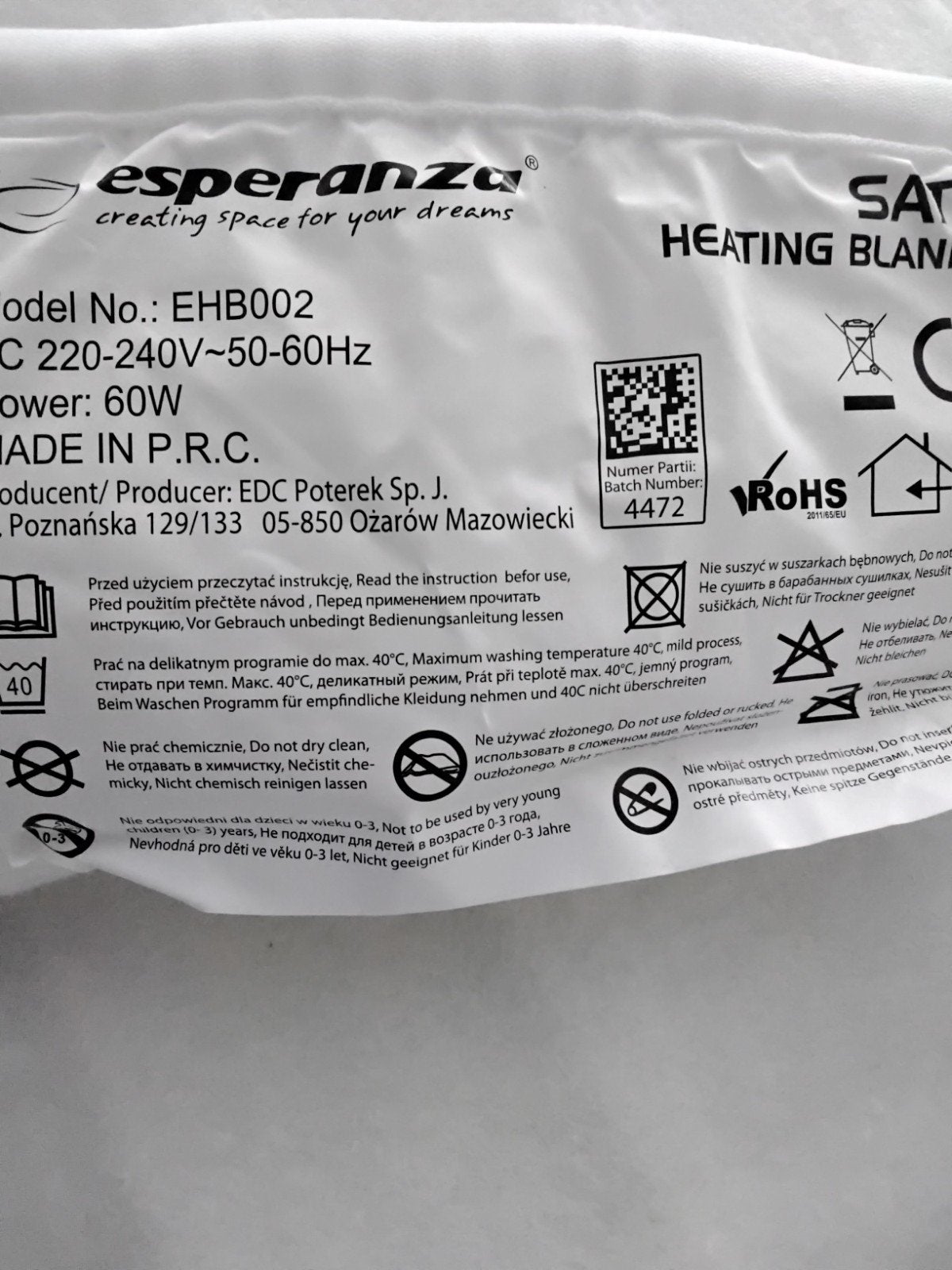 Esperanza Elektrische Deken EHB002 - 60W, Ophalen of Verzenden, Gebruikt