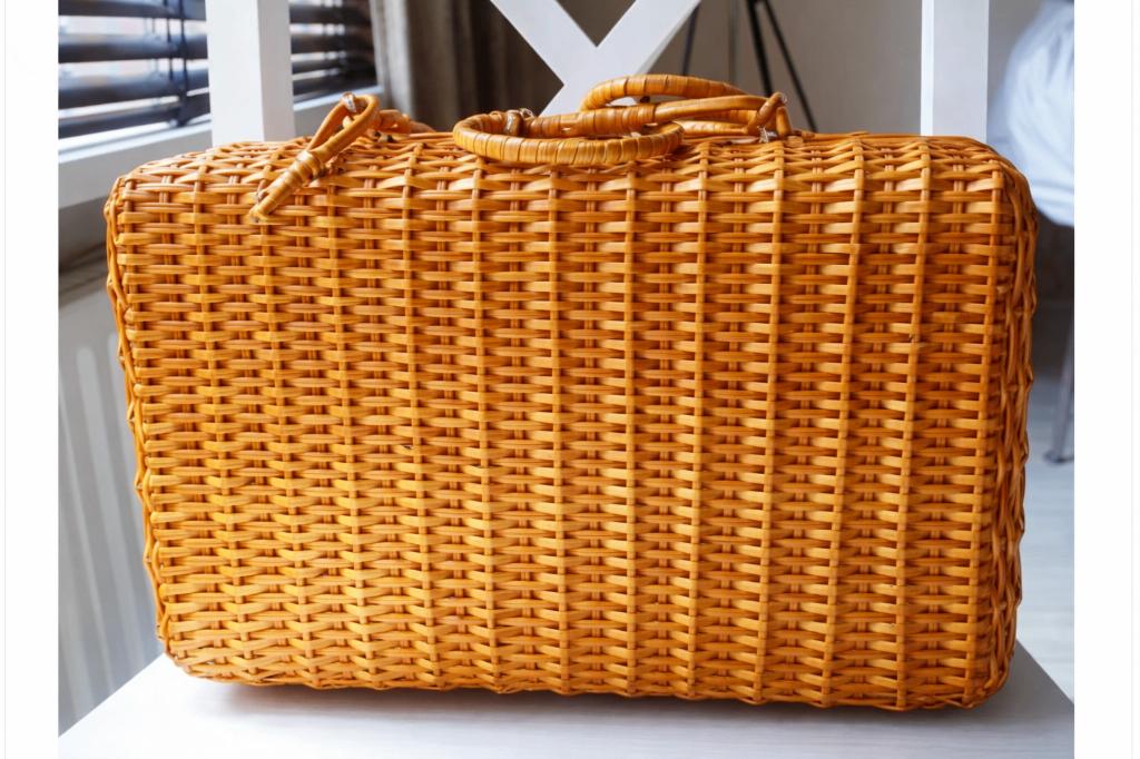 vintage bruin rieten/handkoffer/omvang 35 cm, Overige materialen, Gebruikt, Minder dan 50 cm, Ophalen of Verzenden