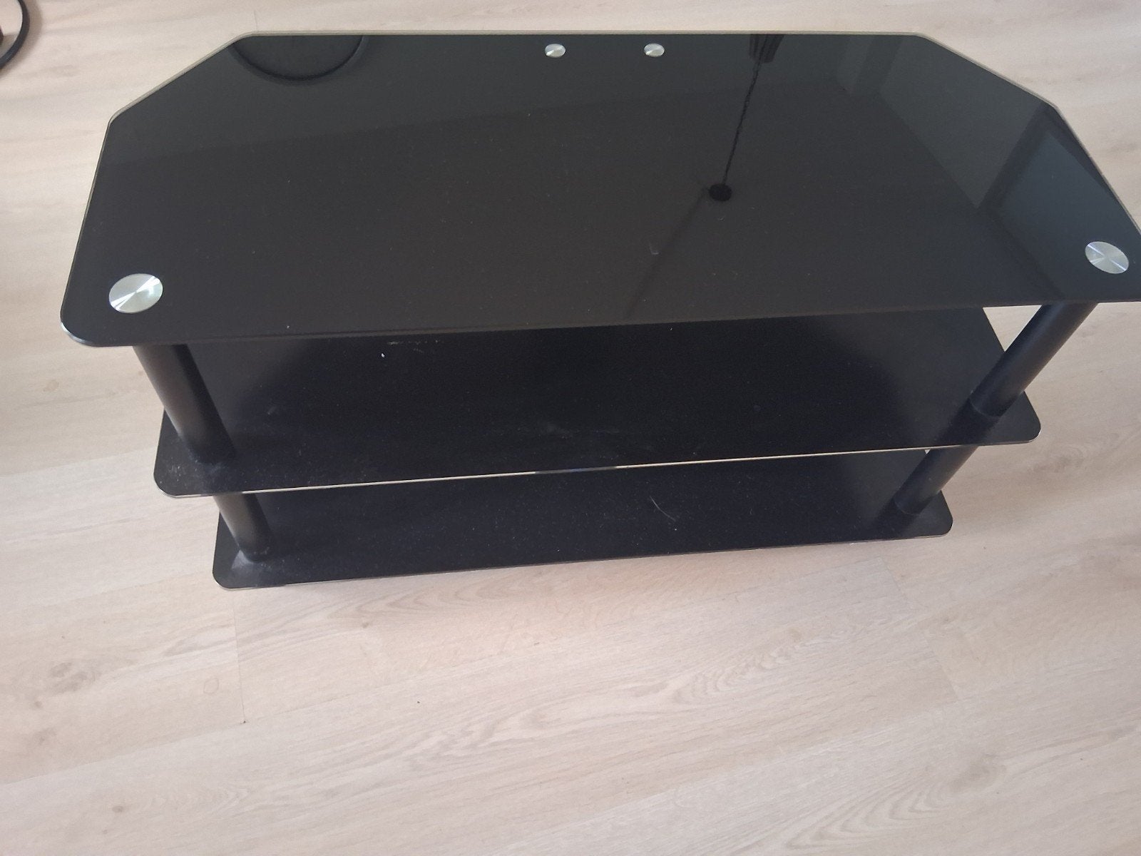 Zwart glazen tv-meubel met 2 planken, Gebruikt, Glas, Minder dan 100 cm, Modern
