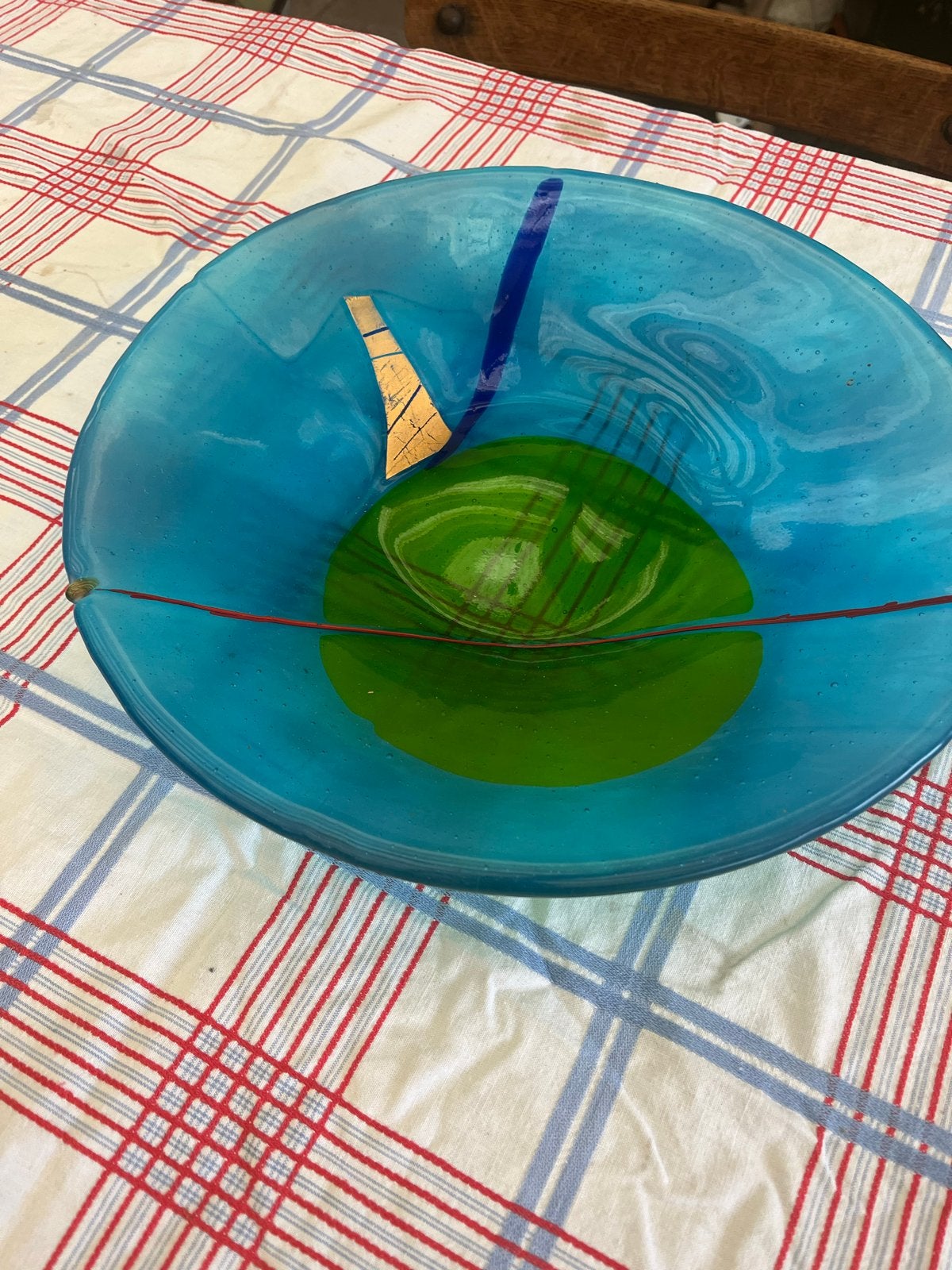 Decoratieve Glazen Schaal - Blauw en Groen Design, Ophalen of Verzenden