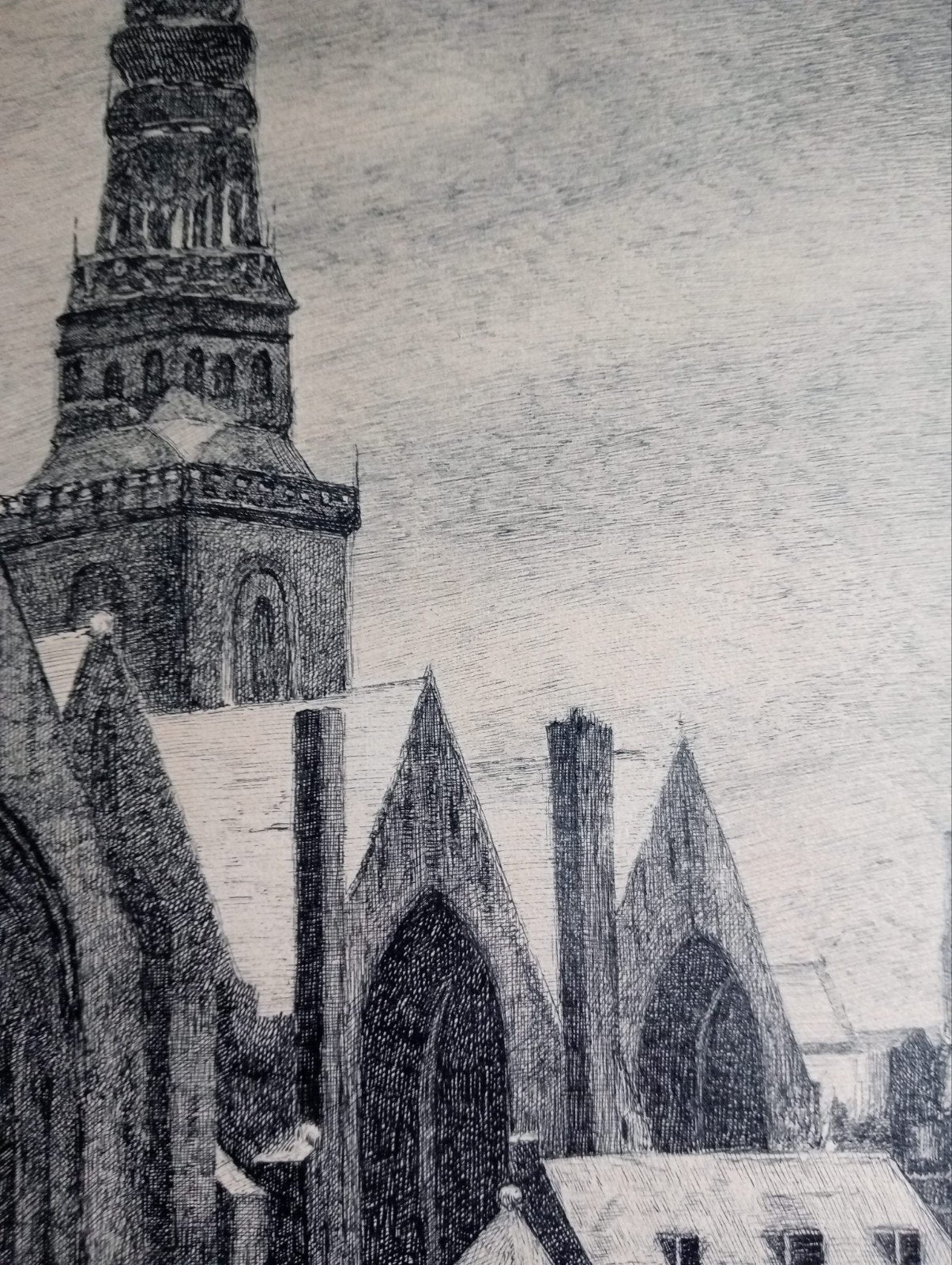 Prent Grote Kerk in Amsterdam monogram AV jaartal 1938, Ophalen of Verzenden