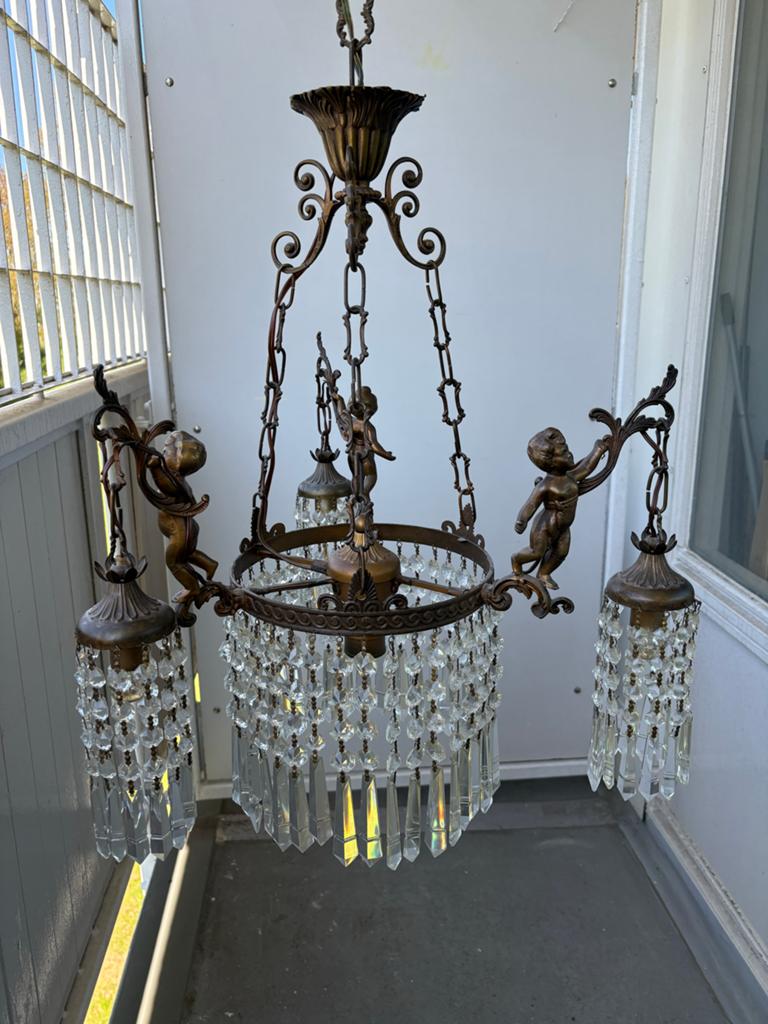 Brocante Hanglamp met Engeltjes en Kristallen, Antiek en Kunst, Antiek | Lampen, Ophalen