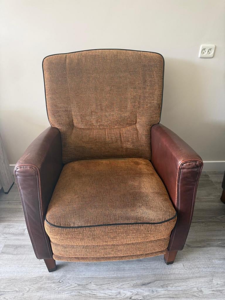 2 x 1zits stoel , bruin stof+ lederbekleding zware kwaliteit, Ophalen, Zo goed als nieuw, 75 tot 100 cm, Stof