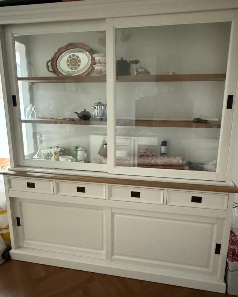 Landelijke vitrinekast / buffetkast – wit hout, Huis en Inrichting, Kasten | Buffetkasten, Gebruikt, 200 cm of meer, 200 cm of meer