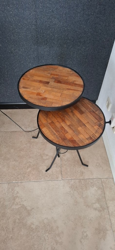 Bijzettafels teak 2 rond en/of teak 3 rechthoekig, Huis en Inrichting, Tafels | Bijzettafels, Minder dan 55 cm, Gebruikt, Rond