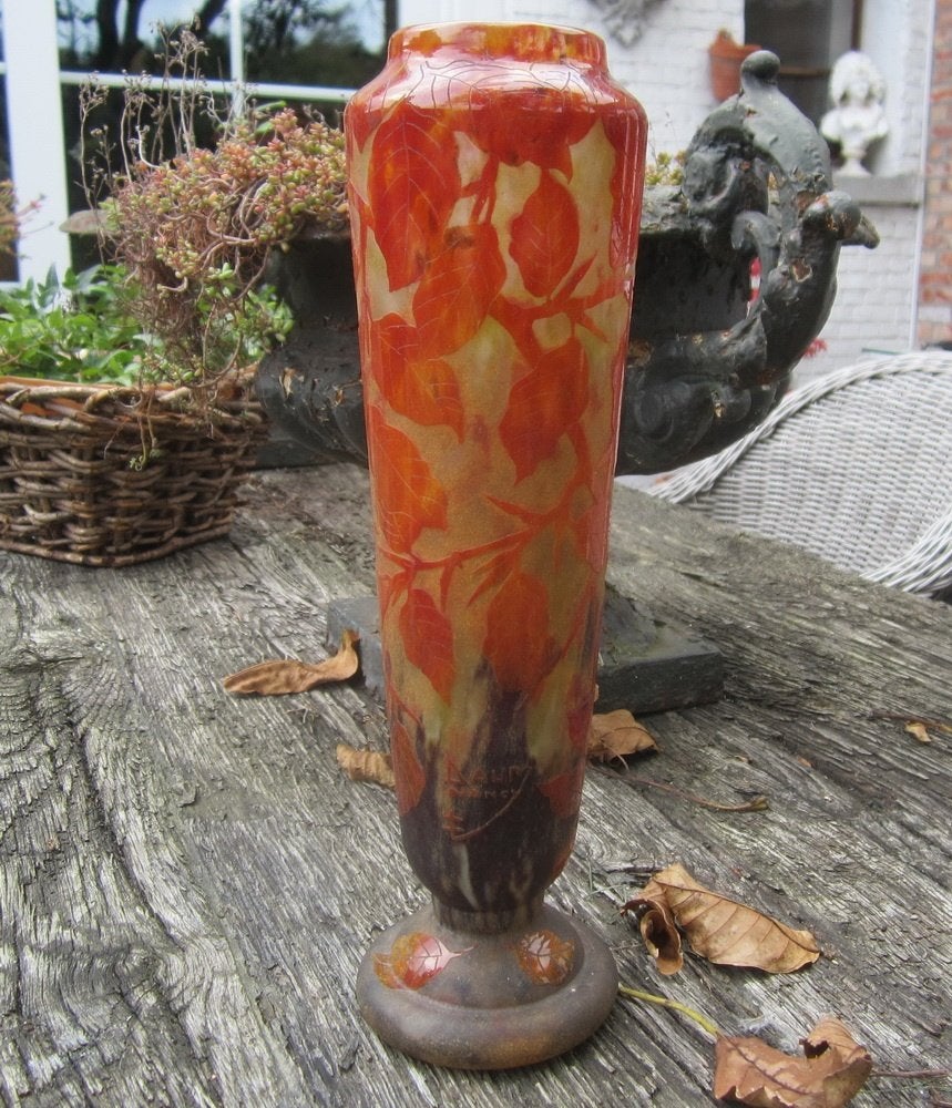 Antiek cameo glazen Daum Nancy  herfstblaren, ca 1910, Ophalen of Verzenden