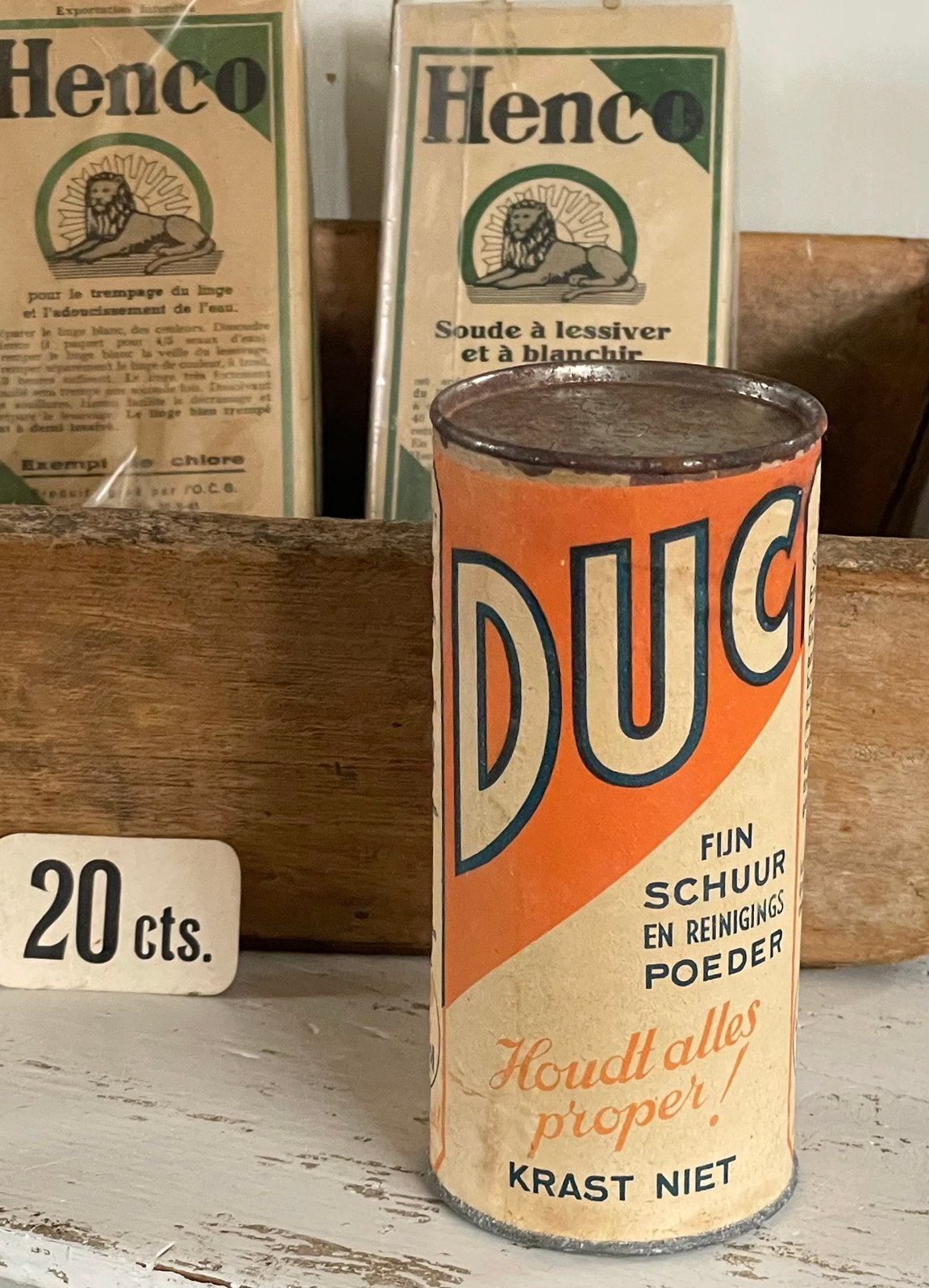 Brocante oud vol blik DUC schuur poeder, Ophalen of Verzenden