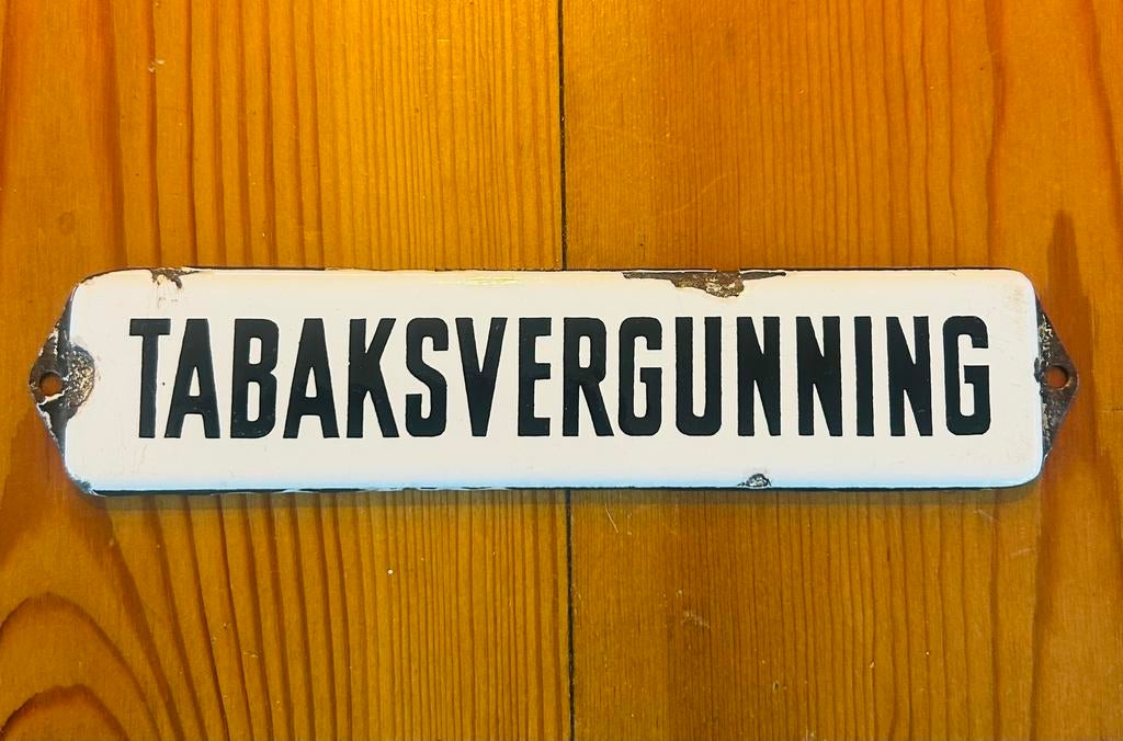 Emaille bord tabaksvergunning, oudje, 16,5 cm x 3,5 cm, Ophalen of Verzenden, Gebruikt, Reclamebord