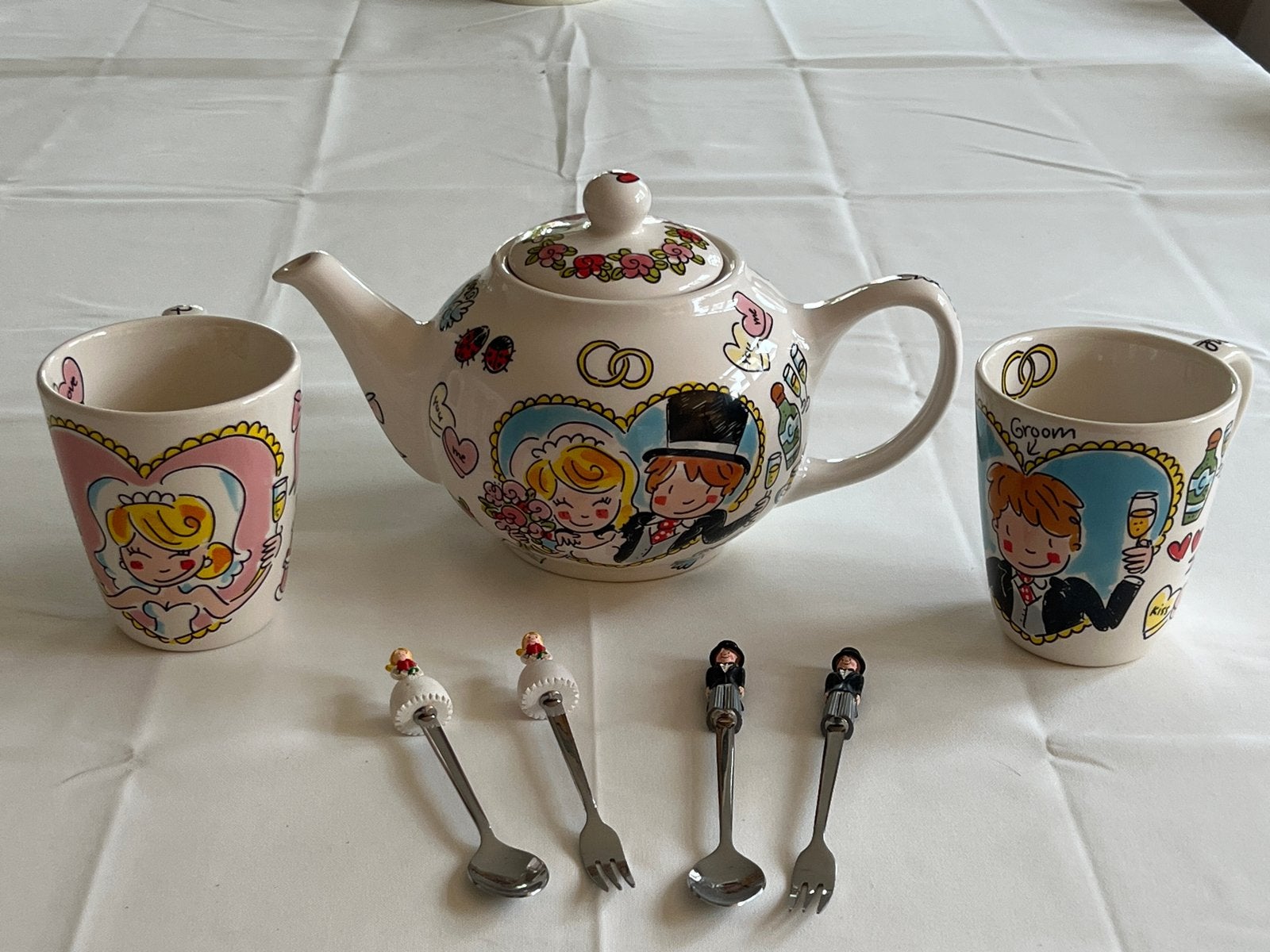 BLOND Bruidspaar theeset (theepot, mokken, lepels en vorken), Ophalen, Keramiek, Nieuw, Blond Amsterdam