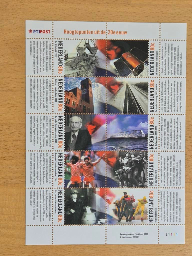 Nederland 1999 hoogtepunten van de 20e eeuw, Postzegels en Munten, Ophalen of Verzenden, Na 1940, Postfris