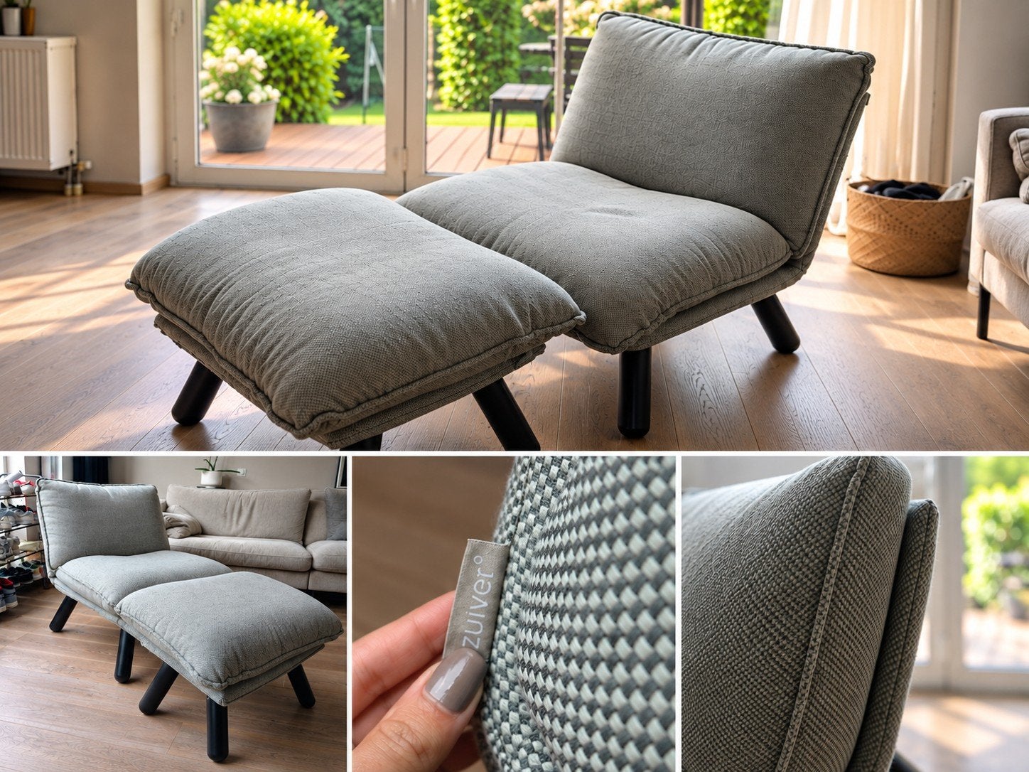 Zuiver fauteuil met bijpassende hocker, grijs, Ophalen, Hout, Eenpersoons, 75 tot 100 cm