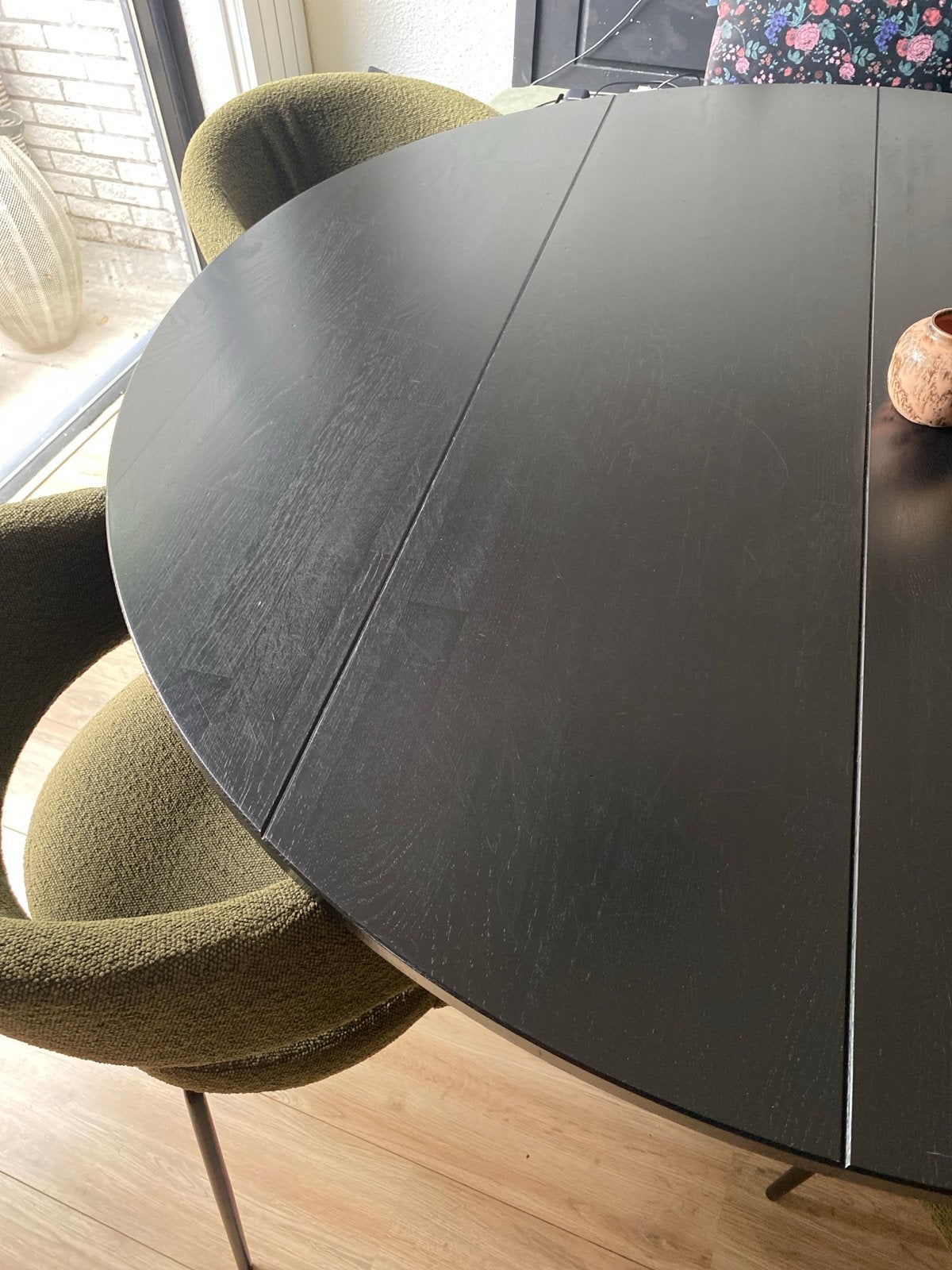 Woood ronde tafel met 4 stoelen, Ophalen, Gebruikt, 100 tot 150 cm, Rond