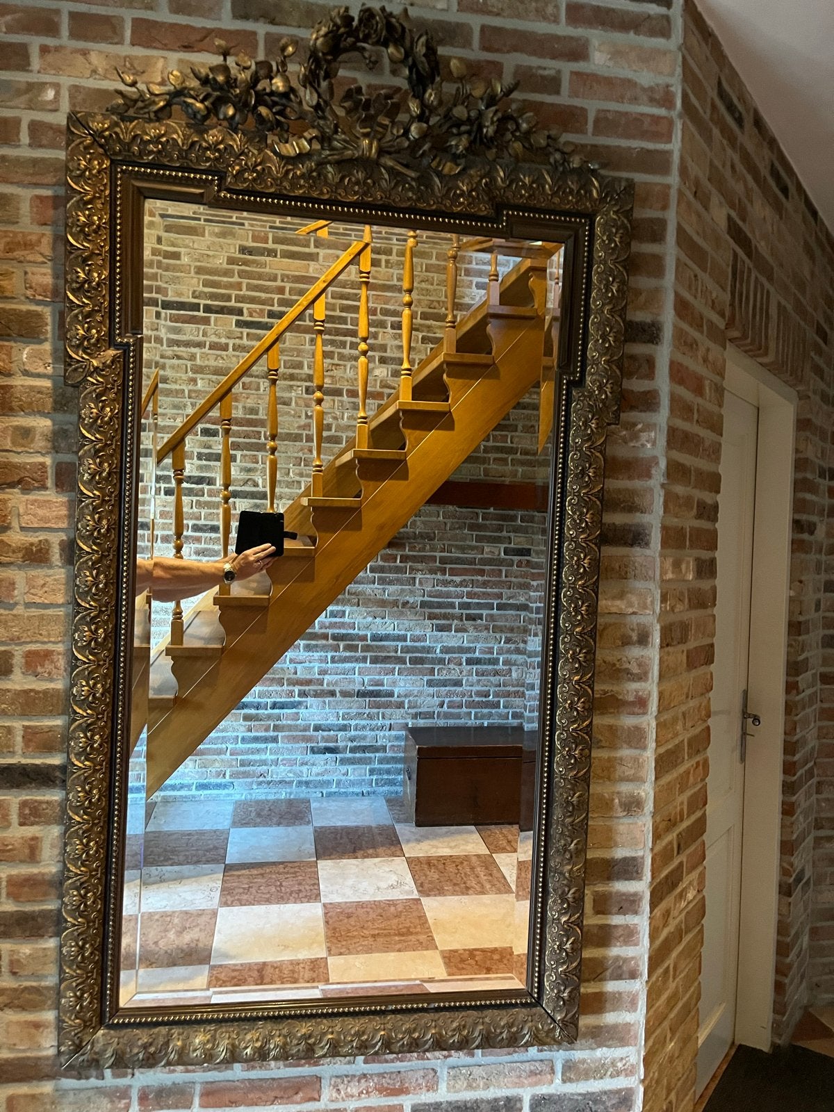 Grote antieke spiegel met facetgeslepen glas, Ophalen, Rechthoekig, 50 tot 100 cm, 150 tot 200 cm