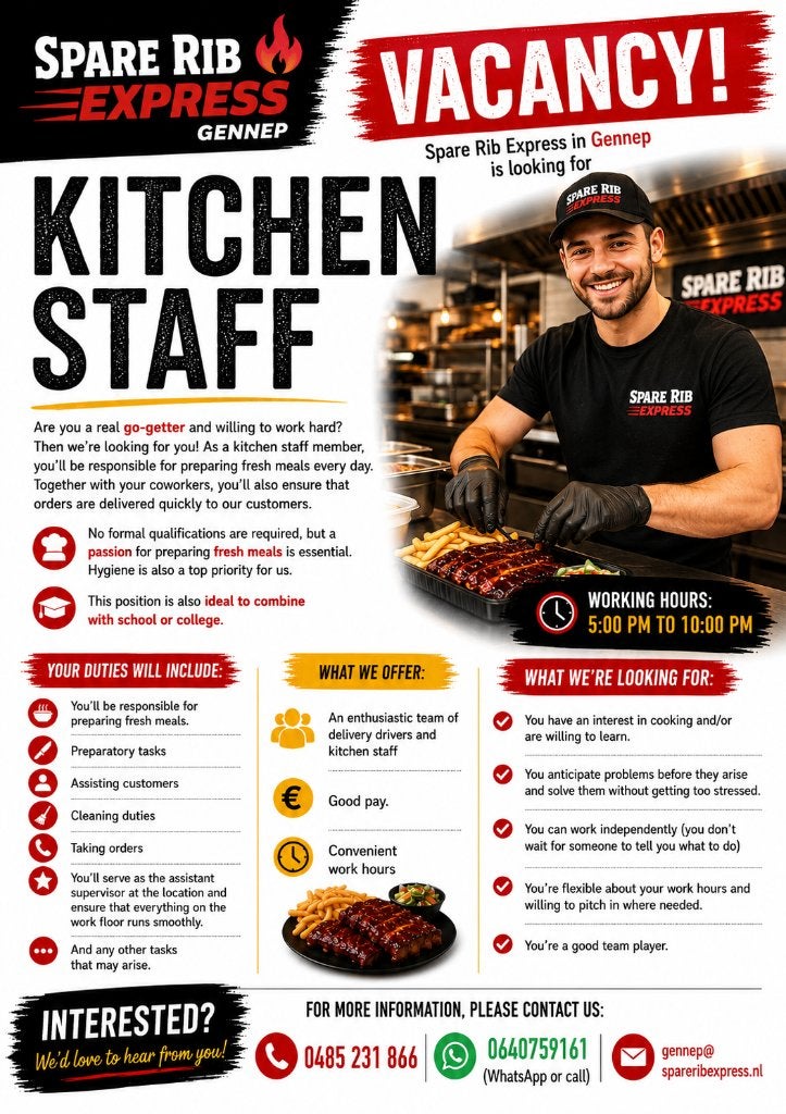 Vacatures Keuken medewerker Spare Rib Express Gennep, Tot en met 24 uur, Overige niveaus, Starter, Overige vormen