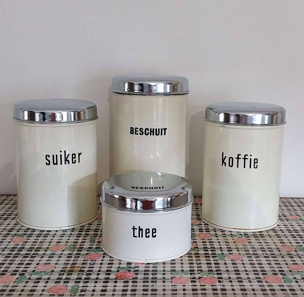 Set á 4 st. Brabantia emaille voorraadblikken, jaren 50-60, Antiek en Kunst, Antiek | Emaille, Ophalen of Verzenden