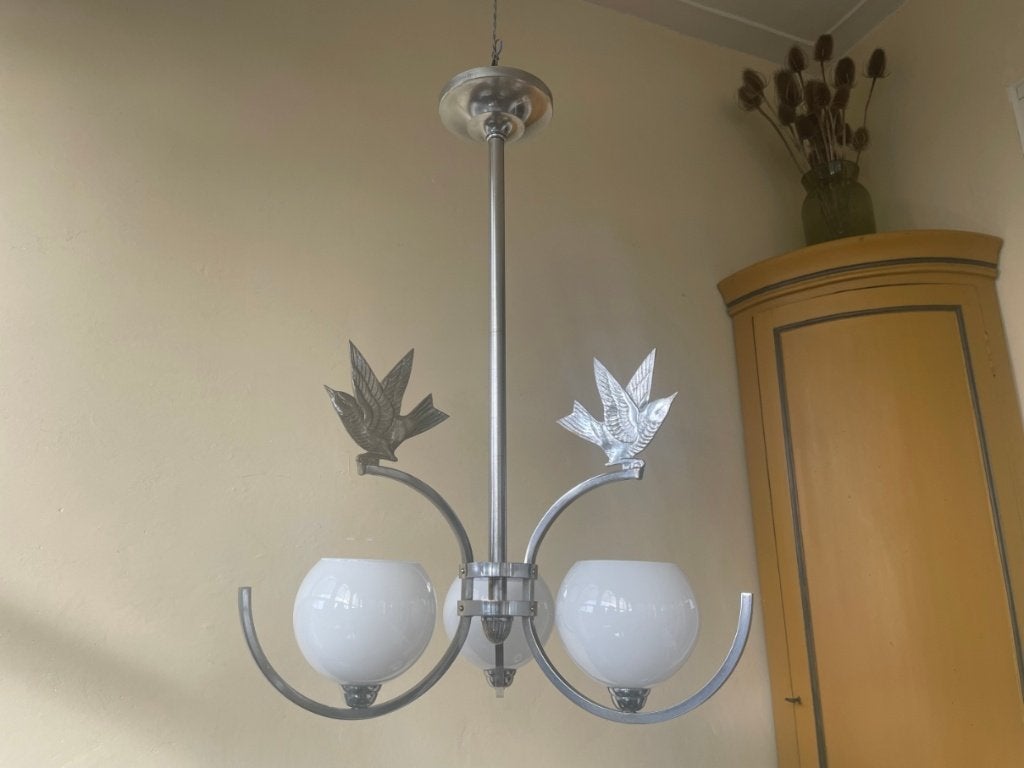 Unieke Lamp Hanglamp art deco 1930 Vogels Chroom, Ophalen of Verzenden
