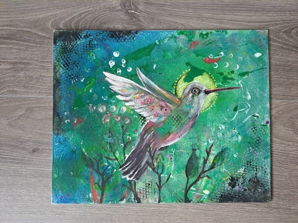Kleurrijk Kolibrie Schilderij - Handgemaakt Kunstwerk, Ophalen of Verzenden