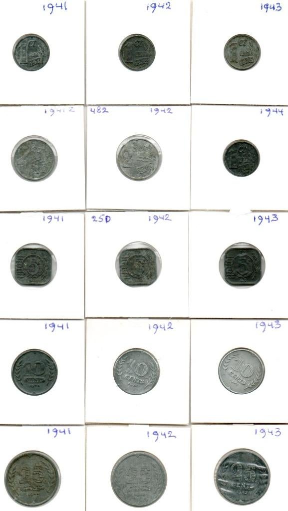 SET ZINKEN 15 STUKS INCL. 1942 EEN MOEILIJK JAAR, Ophalen of Verzenden, Koningin Wilhelmina, 25 cent, Setje